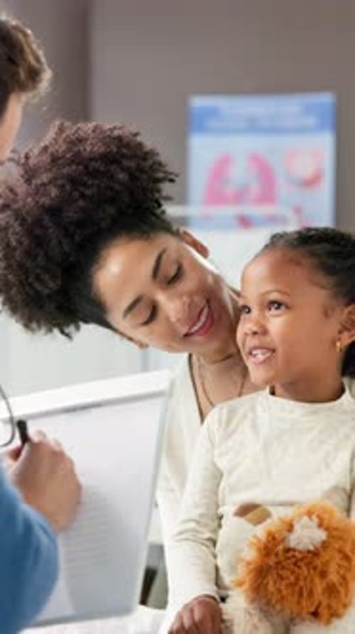 Talking, writing and pediatrician with child in hospital for checkup, consulting and medical advice