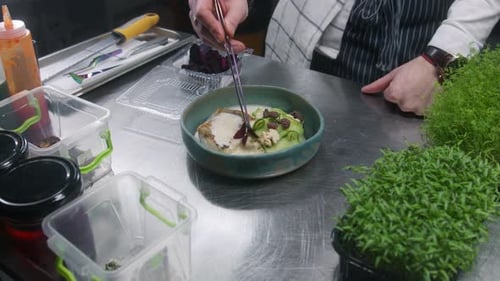 Chef Plates Gourmet Fish Dish with Microgreens