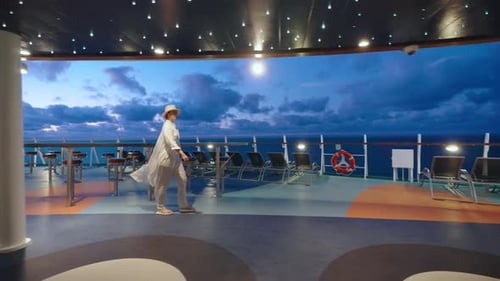 Elegant Woman Strolling on Luxury Cruise Deck at Twilight