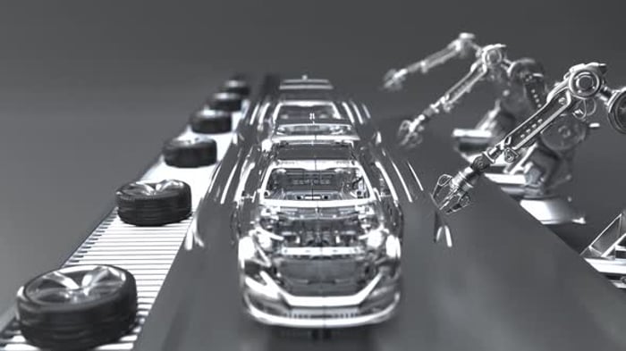 Automated Robot Arm Assembly Line Manufacturing High-Tech Green Energy ...