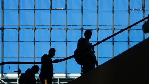 Contemporary Life, Morning in Urban Architecture Underground Complex. Walkers Figure Moving To