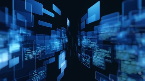 Blue Tech Code Panel Spinning and Flying Loop Videotunnel-Hintergrund für Technologie