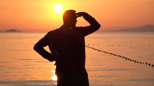 Man Enjoying, Admire Sunset On Beach Near Sea, Super Slow Motion 240fps