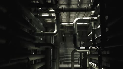 Dark Industrial Interior Showcasing Pipes in a Concrete Building at Night