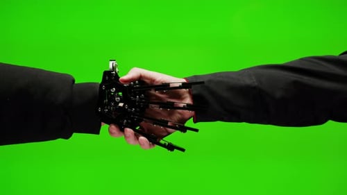 Human and Robot Handshake Artificial Intelligence AI Design Creation Hands Man with Mechanical Arm