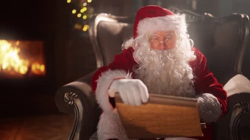 Santa Claus Reading List by Fireplace at Christmas