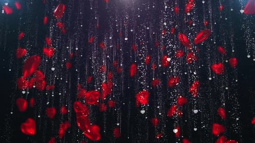 Falling Red Hearts and Glitter Particles Romantic Celebration Background
