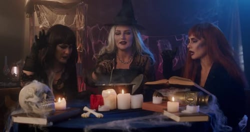 Women in Costume Around Cauldron Saying Incantations