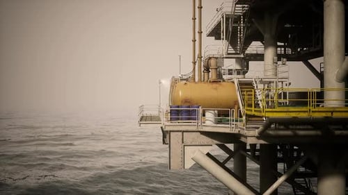 Detailed View of Oil Rig Structure Above Ocean Waves in Cloudy Weather