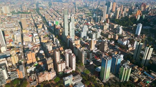 Aerial drone view of the skyline of Bogota, Colombia in daylight