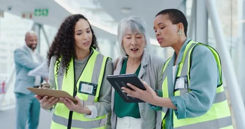 People, architect and tablet in meeting, planning or discussion for building strategy