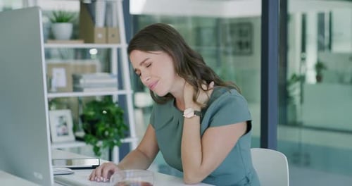 Stress, computer and businesswoman with neck pain in the office after injury or accident