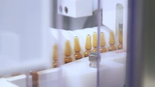 Yellow medical ampoules moving along pharmaceutical manufacturing line in factory