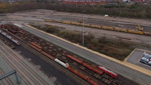 Aerial view of trains and tracks, United Kingdom.