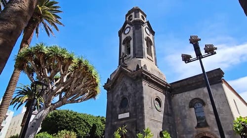 Malerischer Blick auf einen historischen Glockenturm in Puerto, Spanien, mit Palmen und klarem Himmel