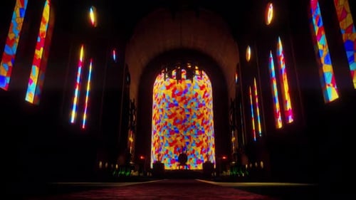 Animated Church Interior with Abstract Stained Glass Windows