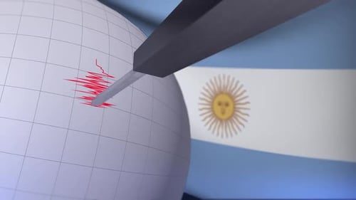 Argentina Flag with Earthquake Warning Shockwave Seismograph Line Animation