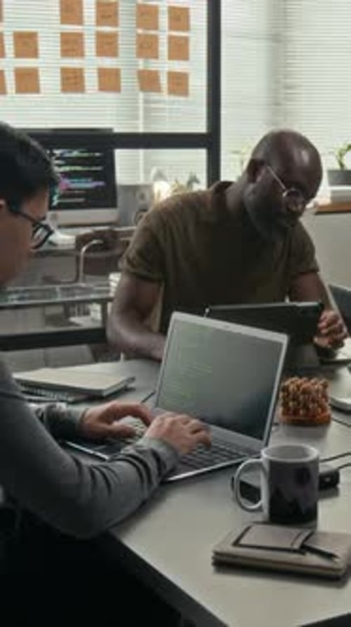 Vertical of Two Diverse Web Engineers Programming during Workday in Office