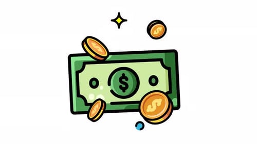 Animated Made in uk a green bill with dollar signs and gold coins.