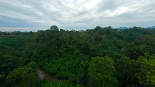 FPV Drone Flies Over the Tropical Forest Mountain River Gray Clouds Cloudy