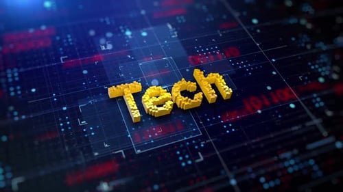 3D Voxel Tech Word Animation on Digital Circuit Background