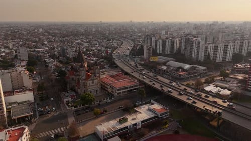 The highway through Buenos Aires City at sunset.