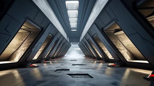 Futuristic corridor with sleek, dark gray walls and recessed, illuminated display cases