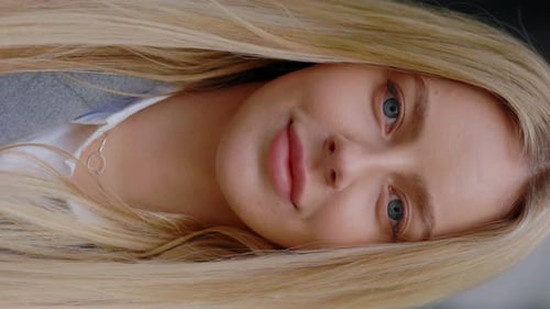 Vertical Video Portrait of the Charming Amazing Girl Standing Outside Near the Business Centre
