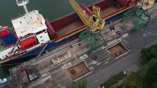 Grain Transshipment From Container to Ship Cargo Holds with Dual Scoop Clamshell Grabs on Gantry