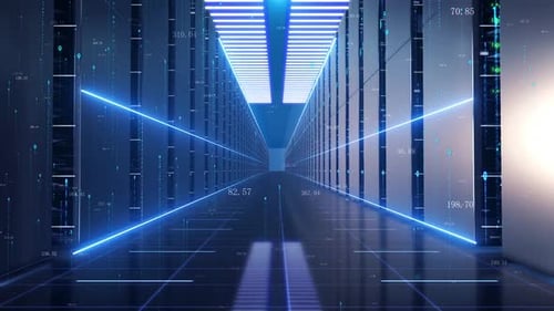 Futuristic Data Center Tunnel with Flowing Digital Code