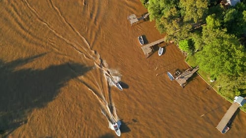 Boat In Brown Water River Aerial View