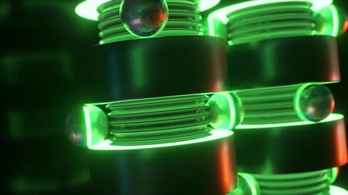 Cilindros e esferas futuristas iluminados por neon com um ambiente de ficção científica em uma animação 3D