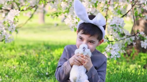 kids sibling are playing with white baby rabbits outside in park or garden sitting on picnic blanket