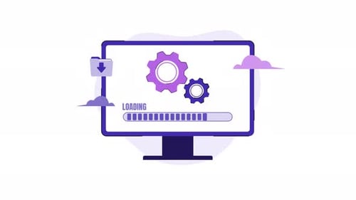 Loading animation vector gear icon, folder clouds, progress bar. Suitable for tech blogs.