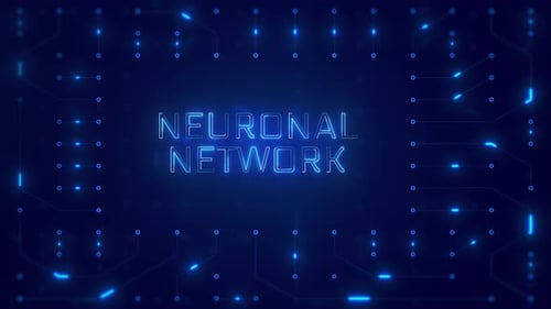 NEURONAL NETWORK Word Text with neon circuit board design or computer semiconductor design