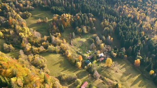 Aerial View of Rural Farm Countryside Surrounded by Colorful Autumn Forest