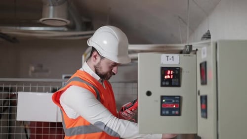 Electrical Engineer Checking Control Panel in Industrial Building