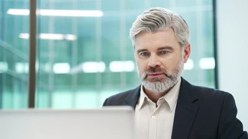 Confident mature businessman working on a laptop sitting at workplace in business office. Male