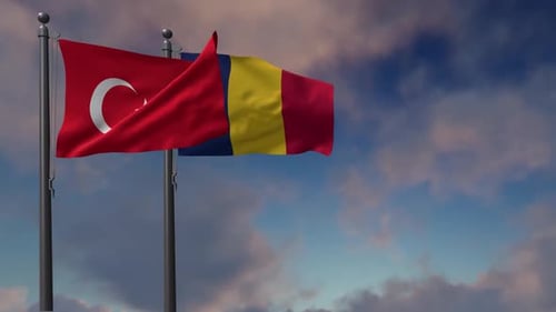 Turkey and Romania Flags Waving Realistically in Sky