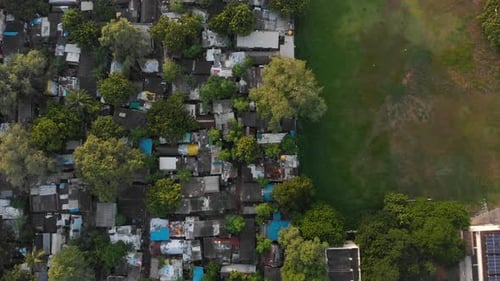 Aerial flyover Nagar Slum in Chennai,India.Disastrous sad housing conditions.Poverty and Unemploymen
