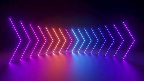 Dynamic neon arrows guide forward motion in vibrant futuristic tunnel