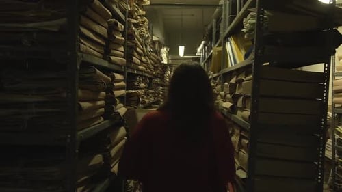 Mädchen mit langen braunen Haaren und rotem Pullover, das Akten in der Hand hält, geht durch ein offenes Regallager mit