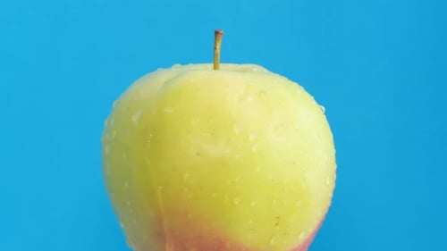 Fresh Green and Red Apple Rotating on Blue
