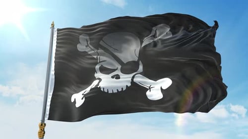 Realistic 3D Pirate Flag Waving in Blue Sky