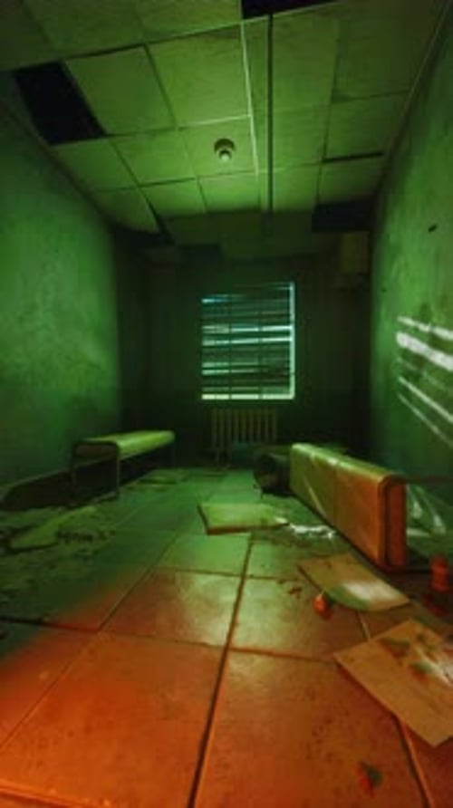 Abandoned Hospital Room With Benches and Radiator