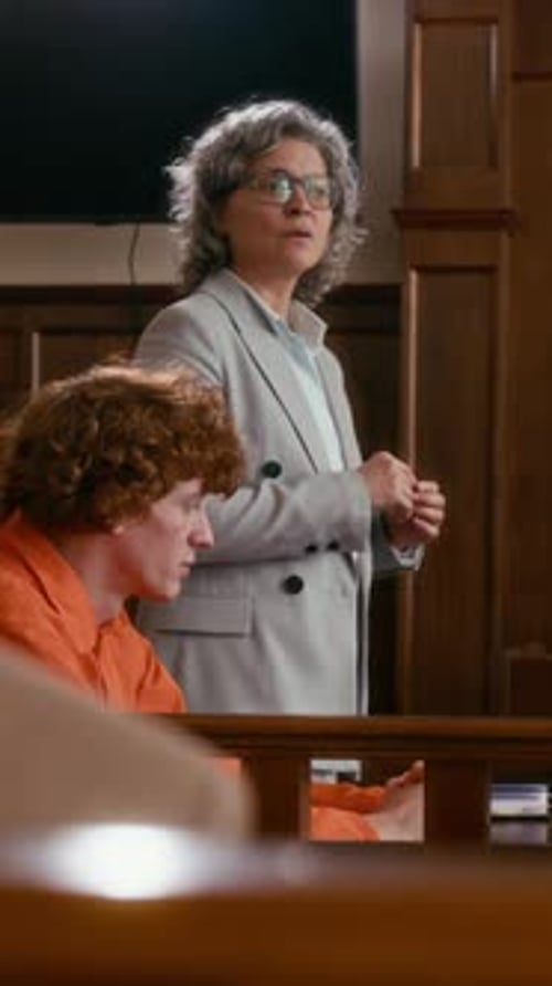 Female Lawyer Defending Criminal in Court, Judge Listening to her Speech