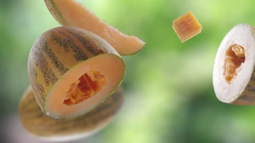 Flying Melon and Melons Slices in Green Garden Orchard Shiny Background