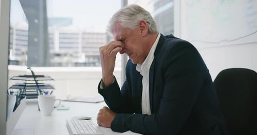 Business man, stress and headache on computer for stock market mistake, bad investment