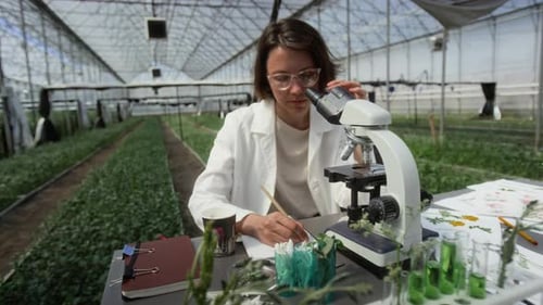 Woman Scientist Studying Plants in Greenhouse