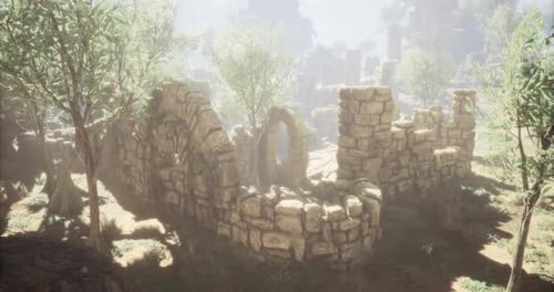 Exploring the Ancient Ruins Enveloped in Mist and Greenery at Dawn